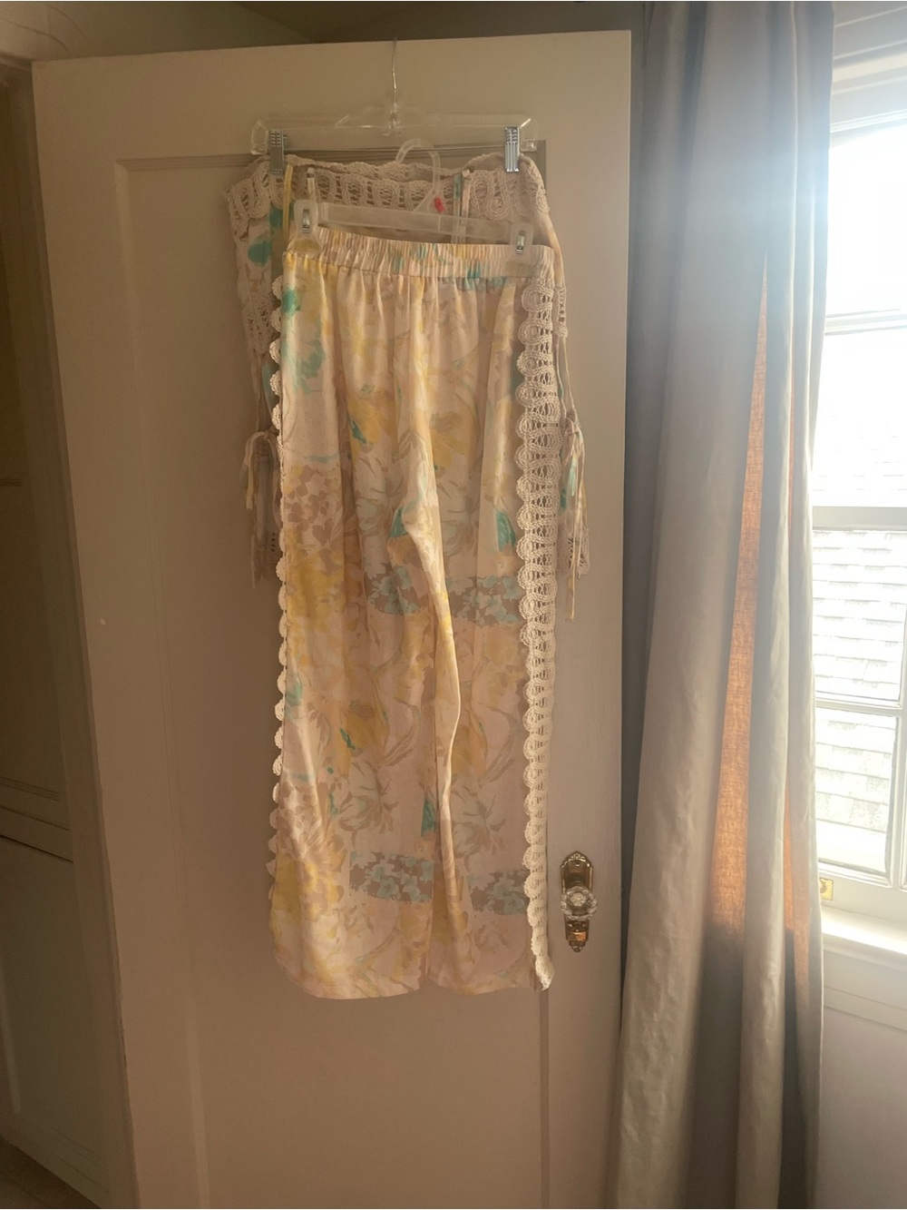 Wide-Leg Floral Lounge Pants in Cream with Yellow & Aqua Accents